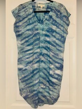 River + Sky Organic Cotton Tie-Dye Tunic Dress L Blue NWOT V-Neck Pockets Resort